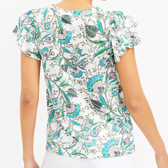 Loft Women's White Turquoise Floral Tiered Ruffle Short Sleeve Spring Top Medium - Picture 9 of 9